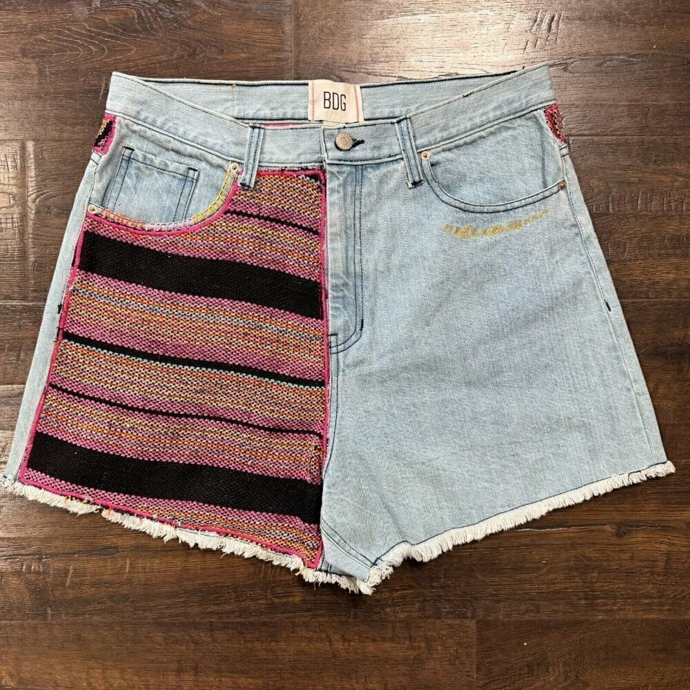 BDG Women's A-Line Cutoff Denim Short Blanket Patchwork High-Waisted Multi 32